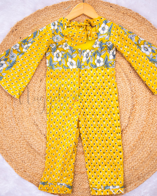 Ready to Ship: Yellow Cotton Jumpsuit with cape sleeves and designer yoke and hem