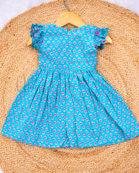 Ready to Ship: Sky Blue Katha Cotton frock with Patchwork Yoke and Ruffle Sleeves