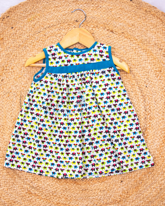Ready to Ship: Elephant Printed Button Down Cotton Frock with Contrast Peacock blue Taping