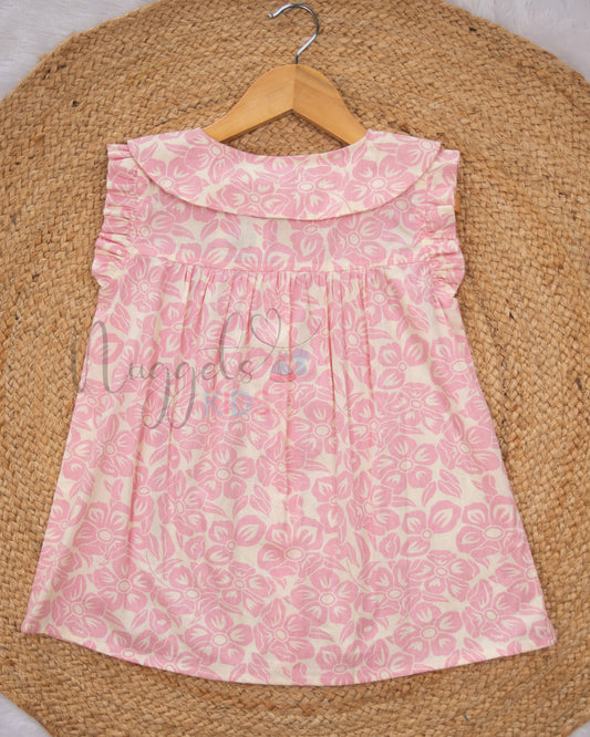 Ready to Ship: Baby Pink Poplin Cotton Top with Peter Pan Collar and Ruffled Sleeves