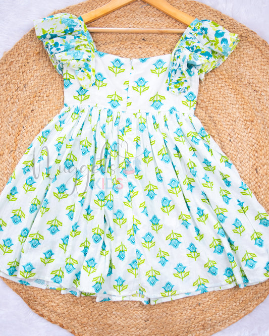 Ready to Ship: White and Turquoise Ruffle Sleeved Cotton Frock with Side Partition and button detailing