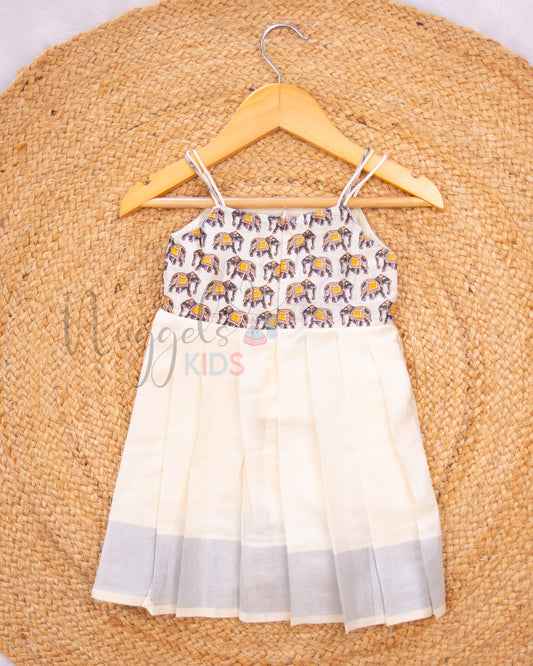 Ready To Ship: Silver Elephant Tissue kasavu Frock with Tissue yoke and Cotton flare