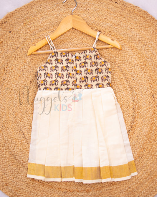 Ready To Ship: Golden Elephant Tissue kasavu Frock with Tissue yoke and Cotton flare