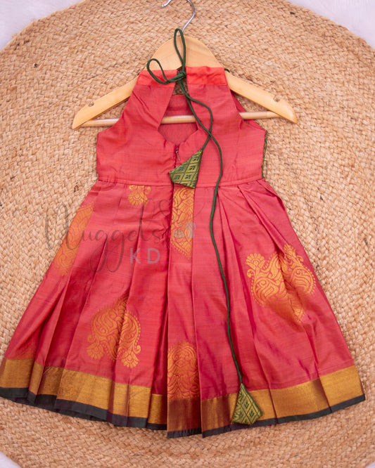 Ready to Ship: Peach And Green Halter Neck Tie Back frock with Patch work yoke
