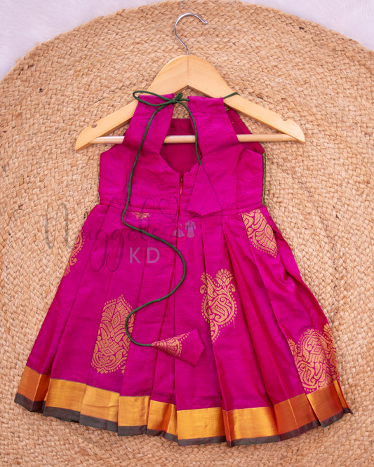 Ready to Ship: Purple Pink And Green Halter Neck Tie Back frock with patch work yoke