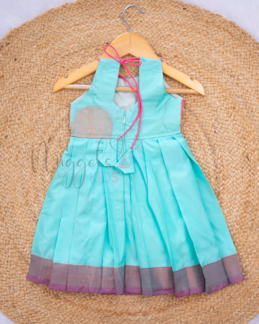 Ready to Ship: Sea Blue And Pink Halter Neck Tie Back frock with patch work yoke