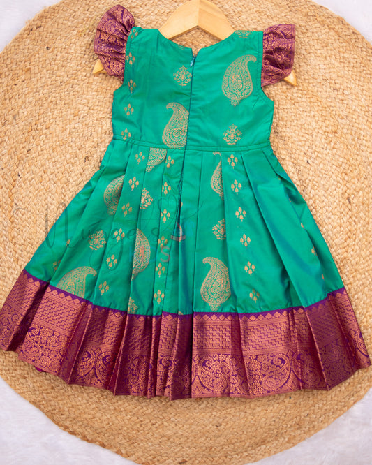 Ready to Ship: Green and Violet Pattu Frock with Patch Work Designer Yoke and Flutter Sleeve
