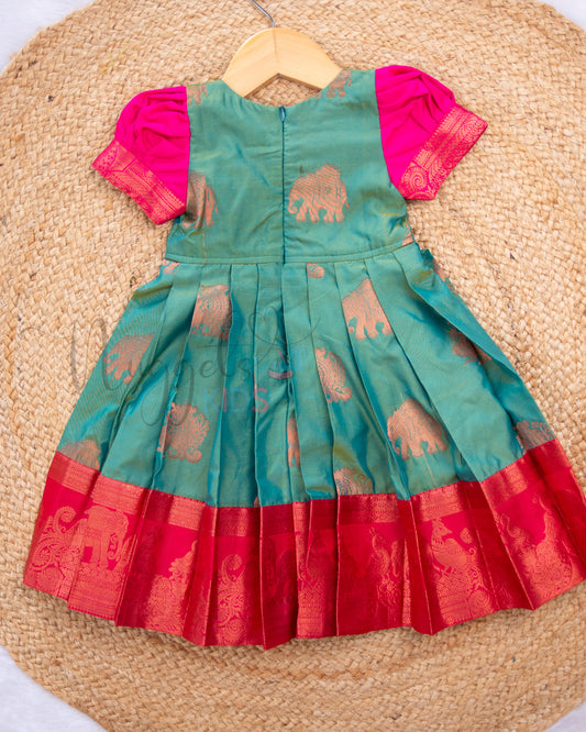 Ready to Ship: Green And Pink Pattu Frock with Patch work Yoke and Semi Puff Sleeve