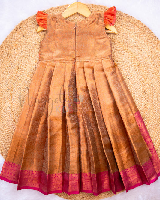 Ready to Ship: Bronze Silk Pattu Frocks With Patch Work Designer Yoke And Cap Sleeves
