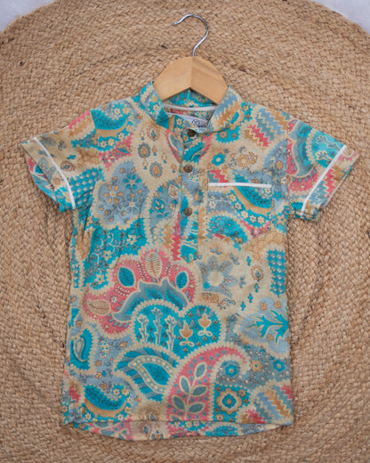 Ready to Ship: Offwhite and Blue Cotton Foil Short Kurta with Piping Detailing