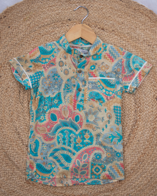 Ready to Ship: Offwhite and Blue Cotton Foil Short Kurta with Piping Detailing