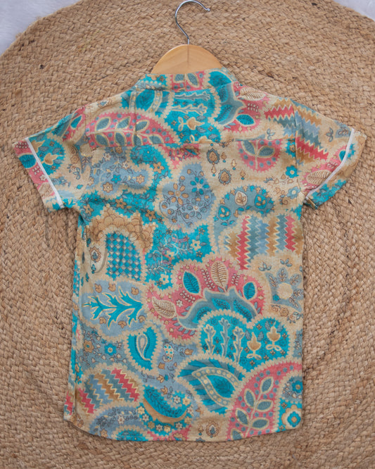 Ready to Ship: Offwhite and Blue Cotton Foil Short Kurta with Piping Detailing