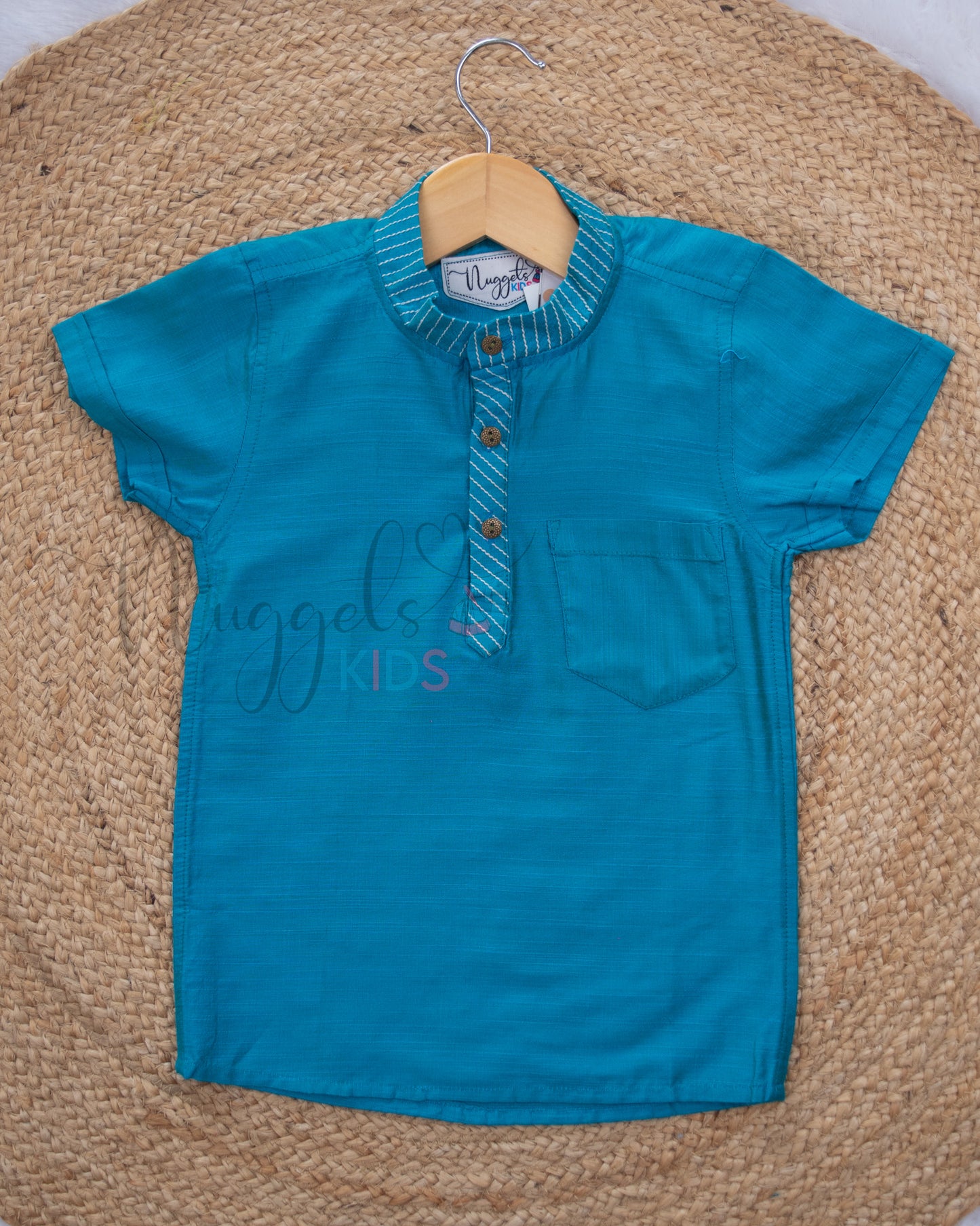 Ready to Ship: Blue Raw Silk Short Kurta with Anchoring Detailing