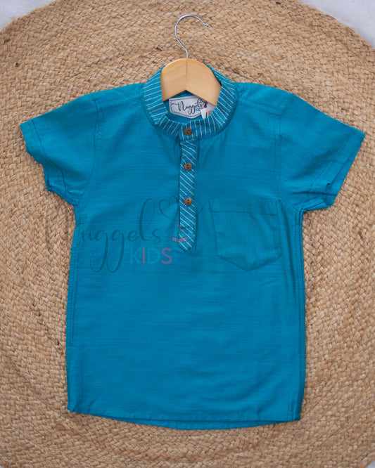 Ready to Ship: Blue Raw Silk Short Kurta with Anchoring Detailing