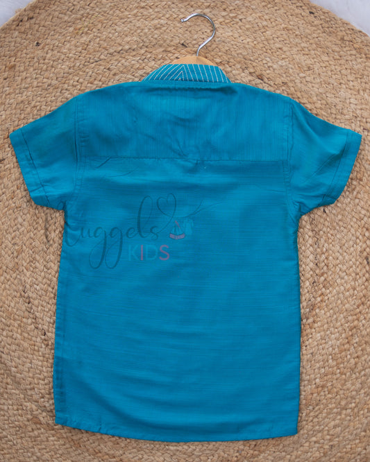 Ready to Ship: Blue Raw Silk Short Kurta with Anchoring Detailing