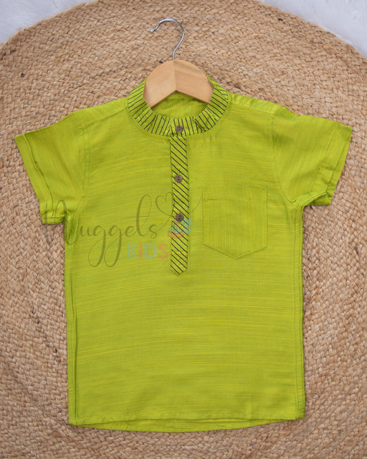 Ready to Ship: Lime Green Raw Silk Short Kurta with Anchoring Detailing