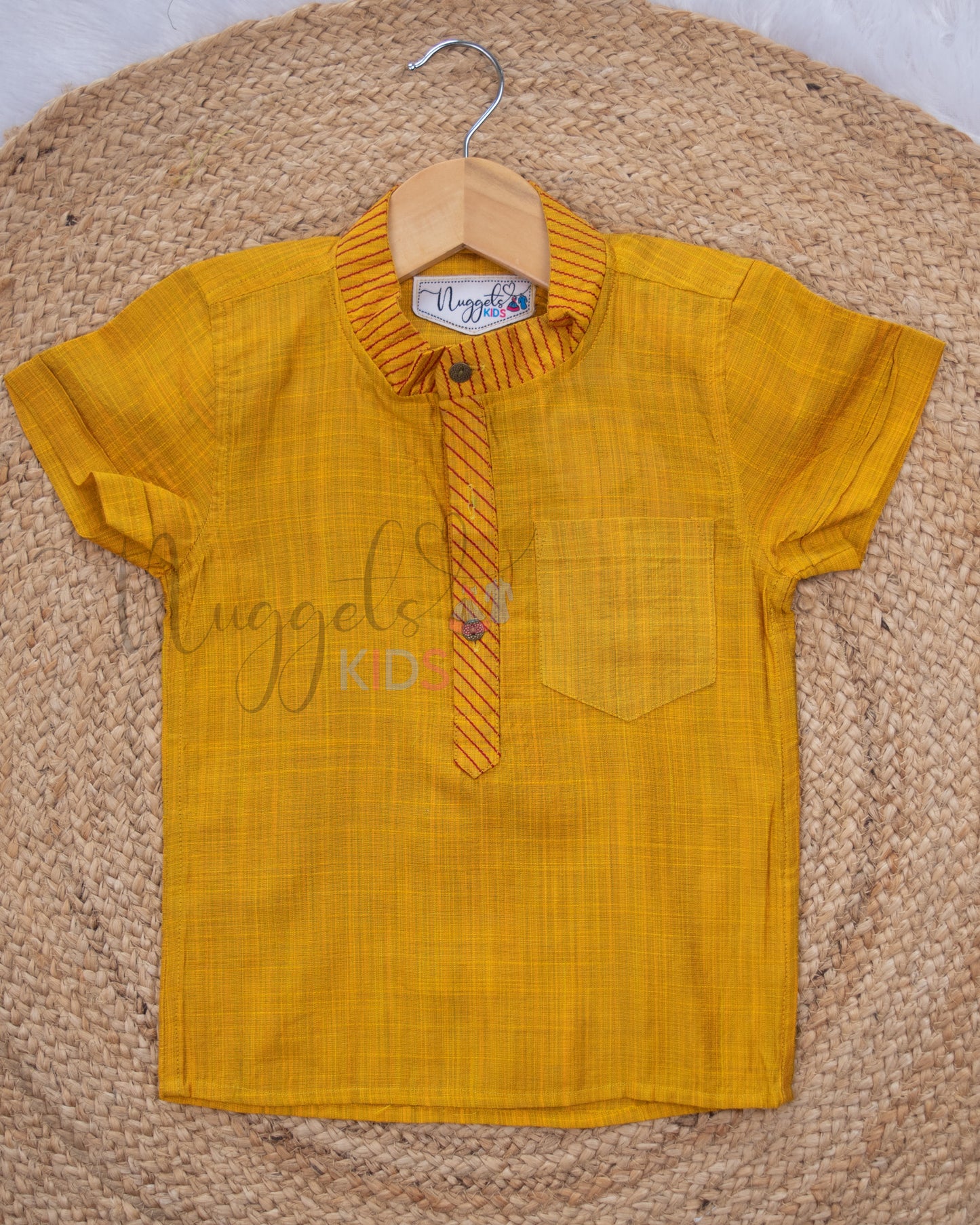 Ready to Ship: Yellow Raw Silk Short Kurta with Anchoring Detailing