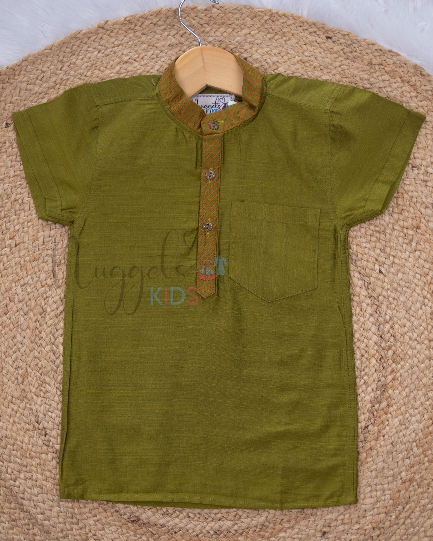 Ready to Ship: Oilve Green Raw Silk Short Kurta with Anchoring Detailing