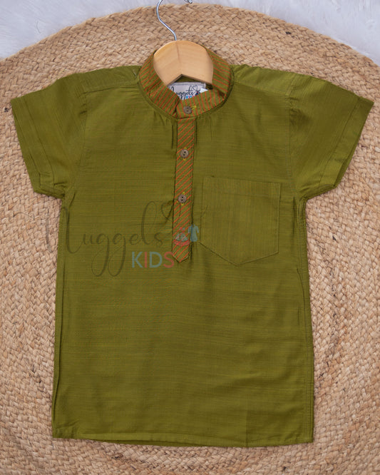Ready to Ship: Oilve Green Raw Silk Short Kurta with Anchoring Detailing