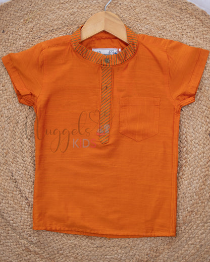 Ready to Ship: Orange Raw Silk Short Kurta with Anchoring Detailing