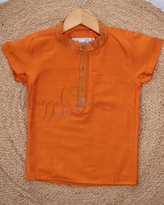 Ready to Ship: Orange Raw Silk Short Kurta with Anchoring Detailing