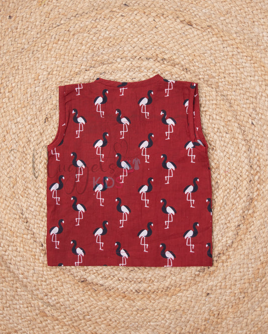 Ready to Ship: Maroon Swan Printed Pure Cotton Jhabla with Wooden Button Detailing
