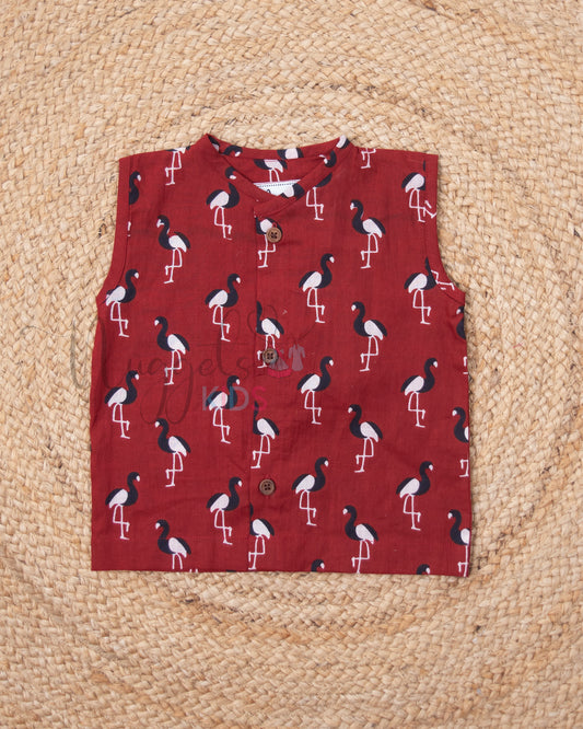 Ready to Ship: Maroon Swan Printed Pure Cotton Jhabla with Wooden Button Detailing