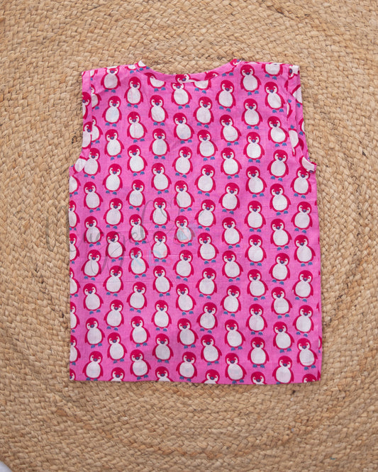 Ready to Ship: Penguins Printed Pure Cotton Jhabla with Wooden Button Detailing