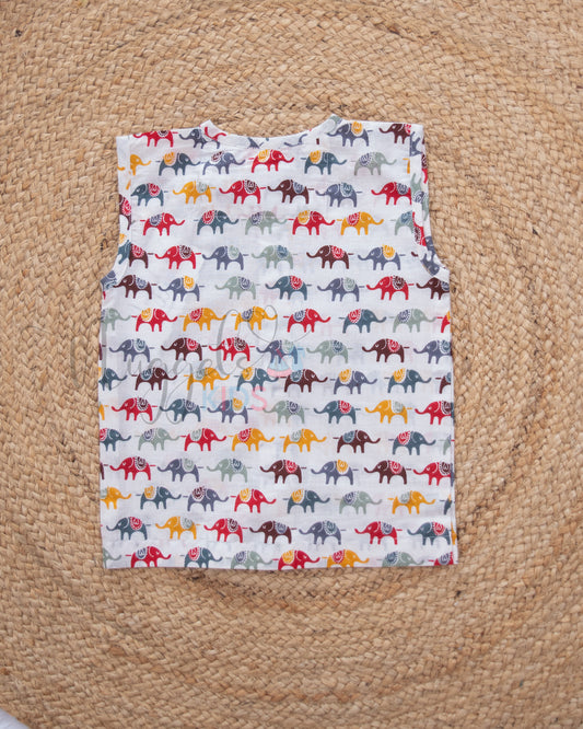 Ready to Ship: Small Elephants Printed Pure Cotton Jhabla with Wooden Button Detailing