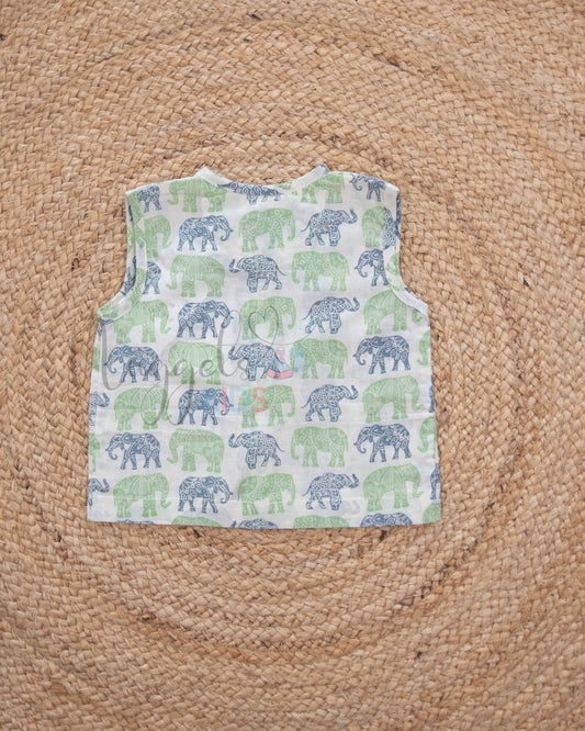 Ready to Ship: White And Gray Elephants Printed Pure Cotton Jhabla with Wooden Button Detailing