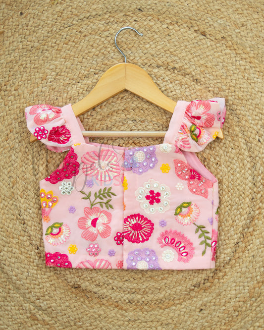 Ready to Ship: Baby Pink Ruffle Sleeve Embroidered Designer Top