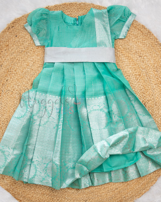 Ready to Ship: Rama Blue and Silver Soft Tissue Half Saree Set