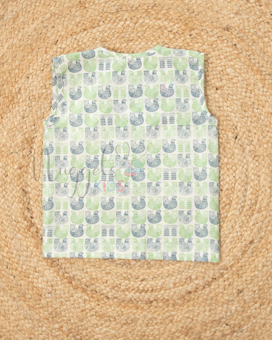 Ready to Ship: Pigeon Green Printed Pure Cotton Jhabla with Wooden Button Detailing