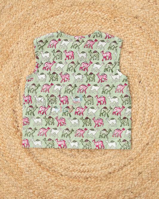 Ready to Ship: Little Camels on Olive Green Printed Pure Cotton Jhabla with Wooden Button Detailing