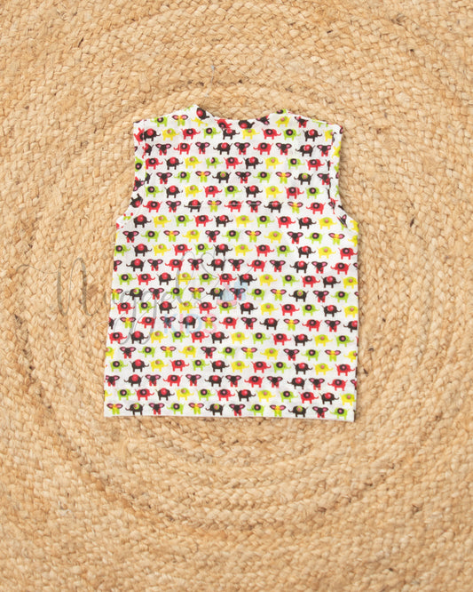 Ready to Ship: Small Elaphant Red And White Printed Pure Cotton Jhabla with Wooden Button Detailing