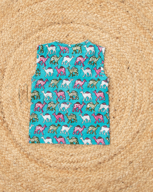 Ready to Ship: Little Camels on blue base Printed Pure Cotton Jhabla with Wooden Button Detailing
