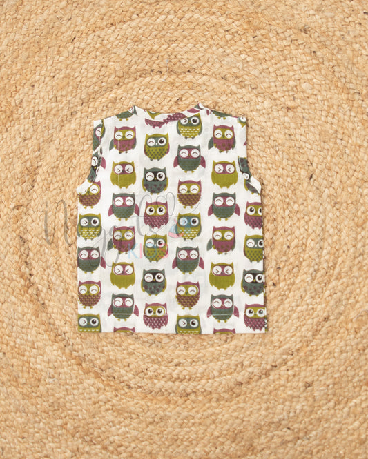 Ready to Ship: Owls on Off-white base Printed Pure Cotton Jhabla with Wooden Button Detailing