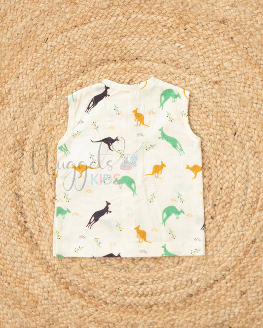Ready to Ship: Kangaroos on Off-White Printed Pure Cotton Jhabla with Wooden Button Detailing