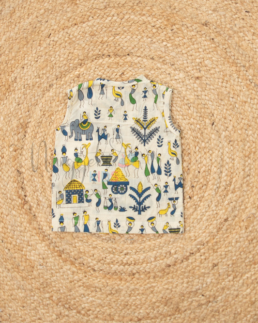 Ready to Ship: Worli Scene Off White Printed Pure Cotton Jhabla with Wooden Button Detailing