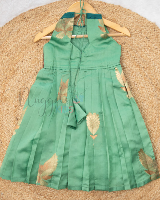 Ready to Ship: Teal Green And Saddle Halter Neck Tie Back frock with Patch work yoke