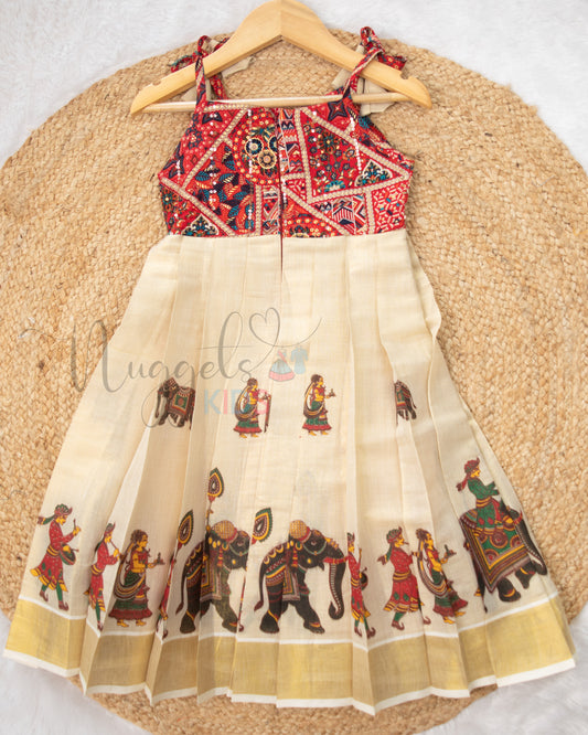 Ready to Ship: Red And Golden Tissue Silk Tie up frock with small pleated yoke and Palanquin Mural Print
