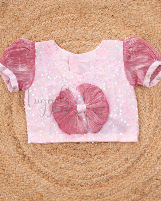 Ready to Ship: Baby Pink Designer Lehenga With Cute Bow and Puff Sleeve Detailing