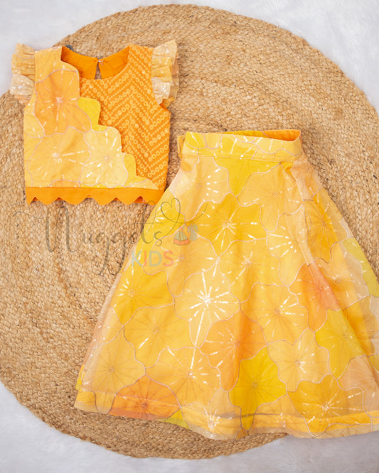 Ready to Ship: Orange And Yellow Designer Top and Net Lehenga