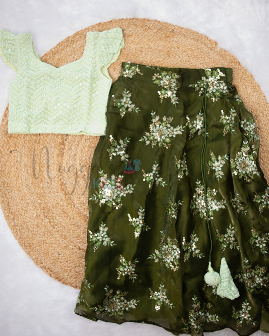 Ready to Ship: Pista Green And Forest Green Designer Top and Net Lehenga