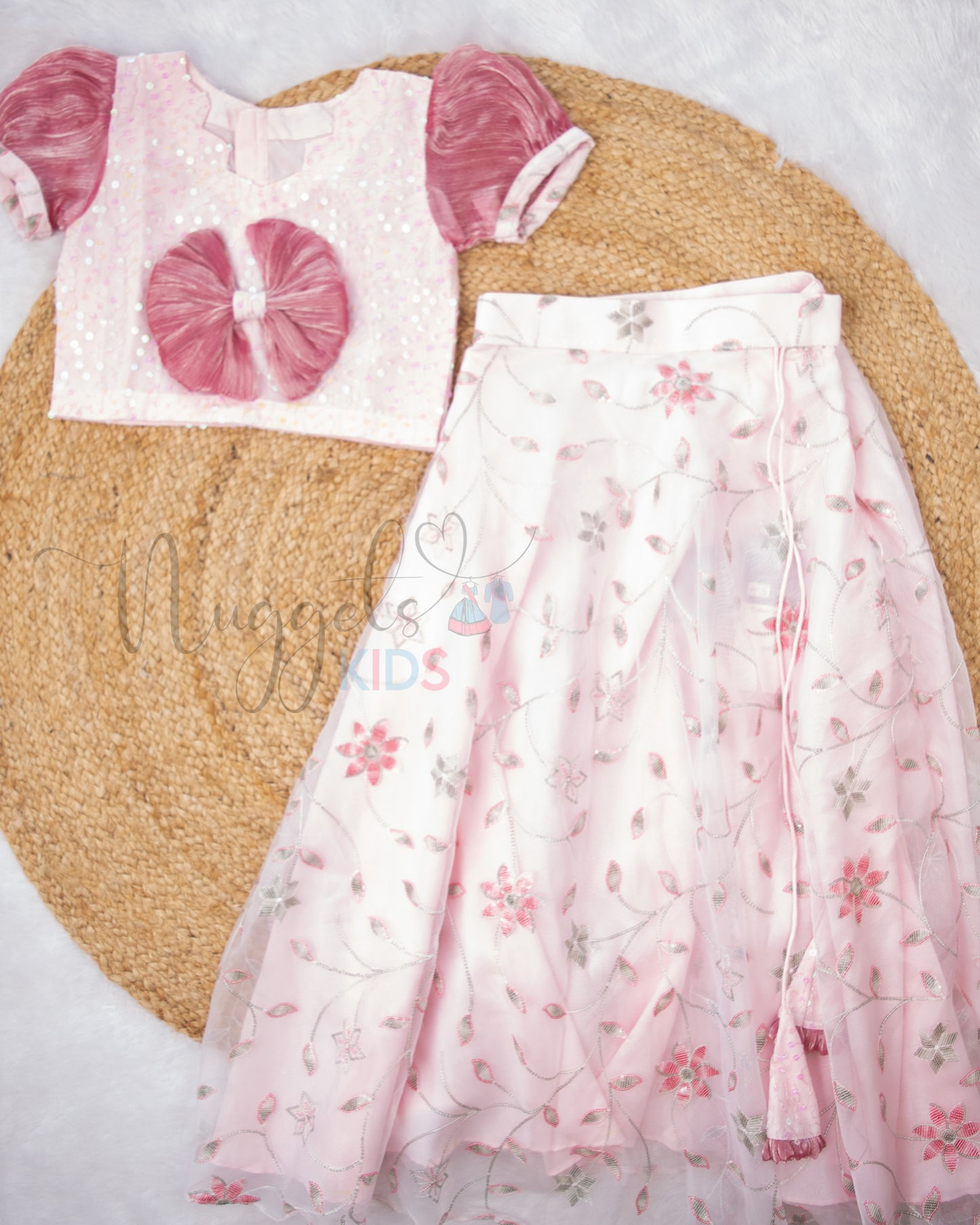 Ready to Ship: Baby Pink Designer Lehenga With Cute Bow and Puff Sleeve Detailing