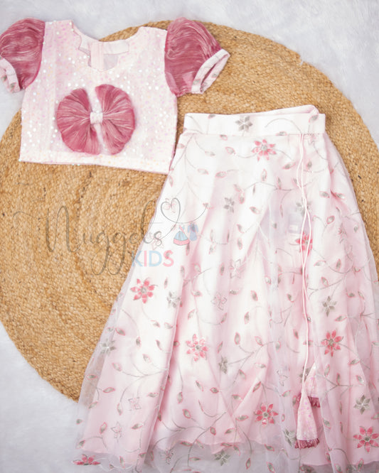 Ready to Ship: Baby Pink Designer Lehenga With Cute Bow and Puff Sleeve Detailing
