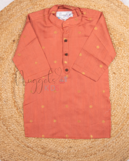 Ready to Ship: Coral Raw Silk Kurta And Peach Camels Printed Giza Cotton Jacket