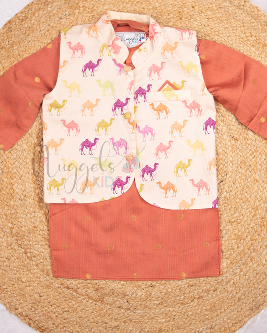 Ready to Ship: Coral Raw Silk Kurta And Peach Camels Printed Giza Cotton Jacket