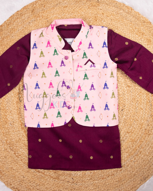 Ready to Ship: Wine Raw Silk Kurta And Chariots Printed Giza Cotton Jacket