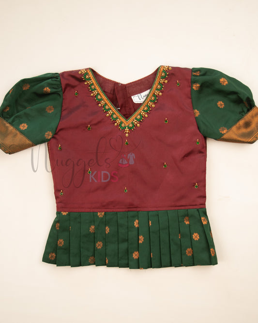 Ready to Ship: Maroon and Green Aari work V neck Blouse Pattu Pavada Set